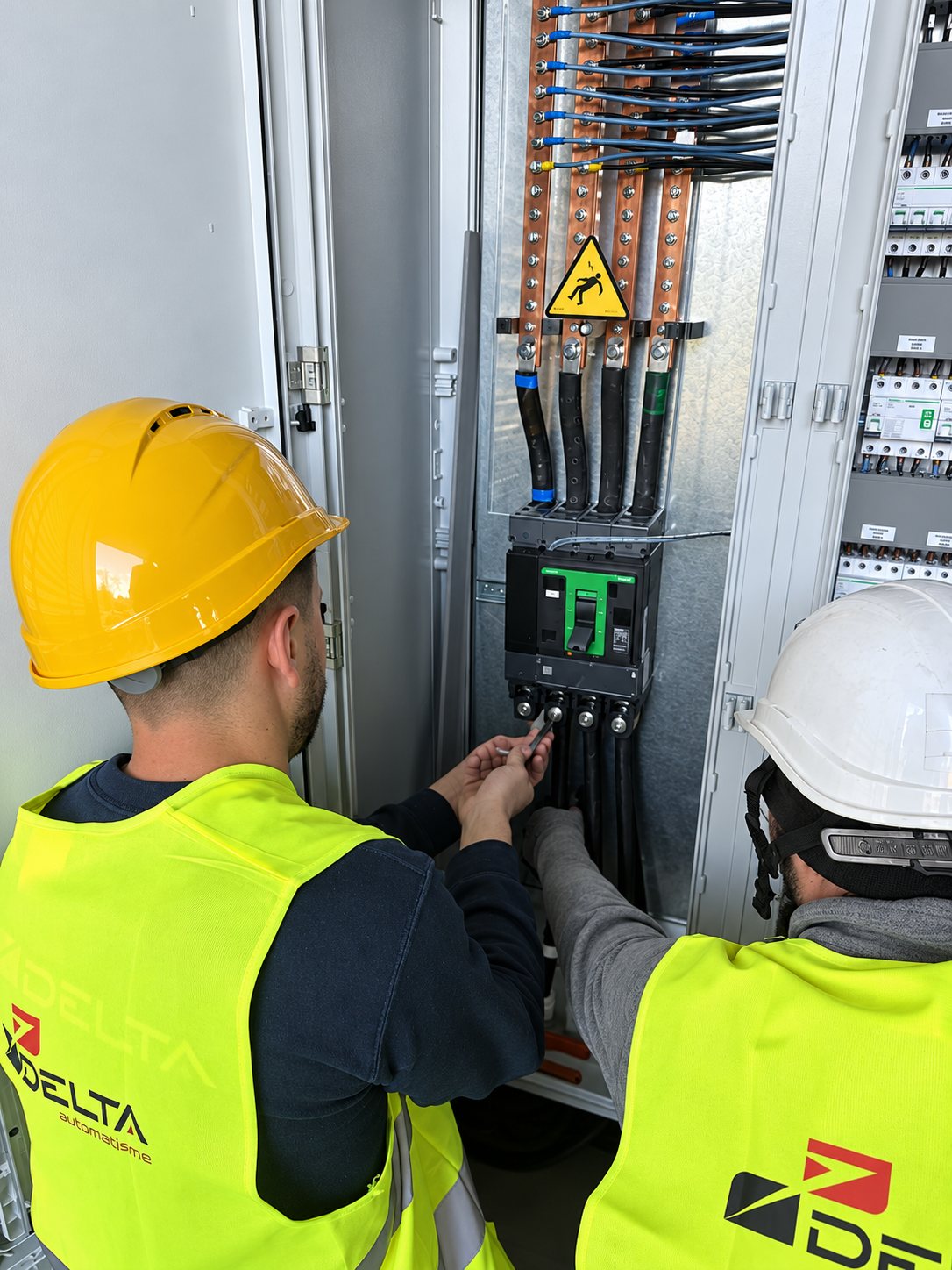 Deux techniciens en tenue de sécurité sur l'installation de bornes de recharge