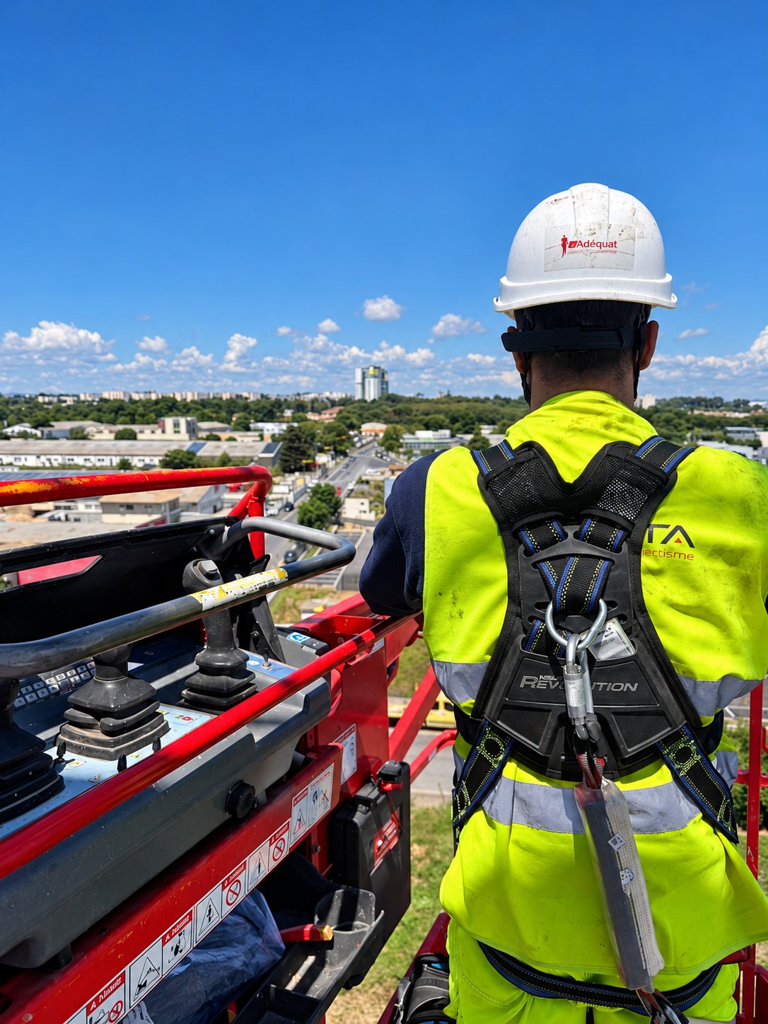 Technicien Delta en harnais sur une nacelle élévatrice lors du chantier GHM Huileries