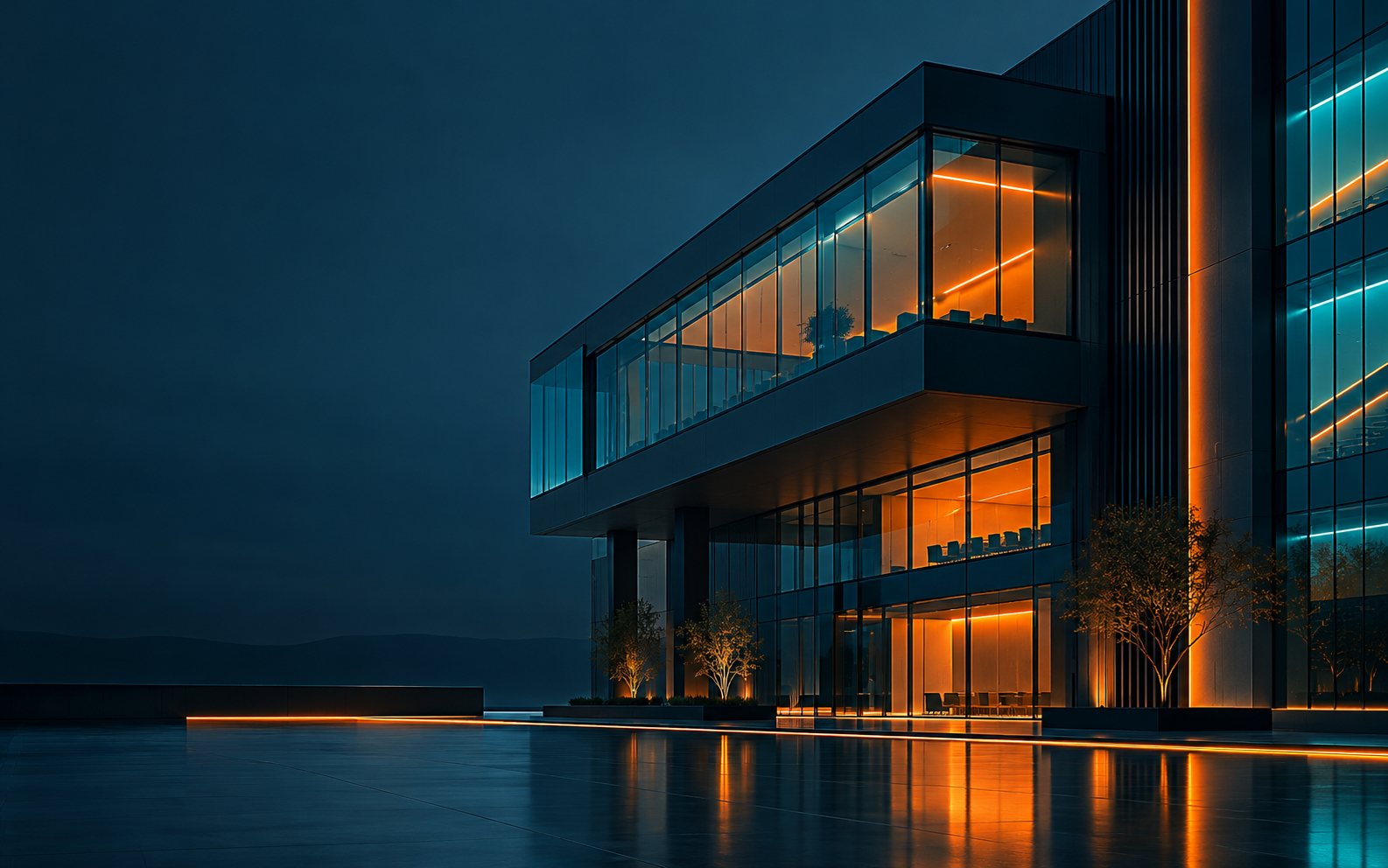 Visuel abstrait : façade de bâtiment tertiaire en lignes de lumière